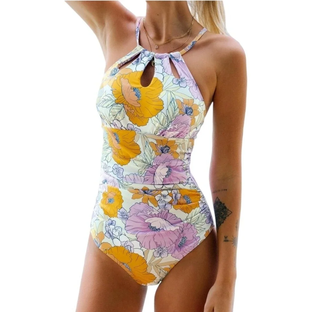 Cupshe Womens Floral High Neck One Piece Swimsuit Lavender Yellow Small